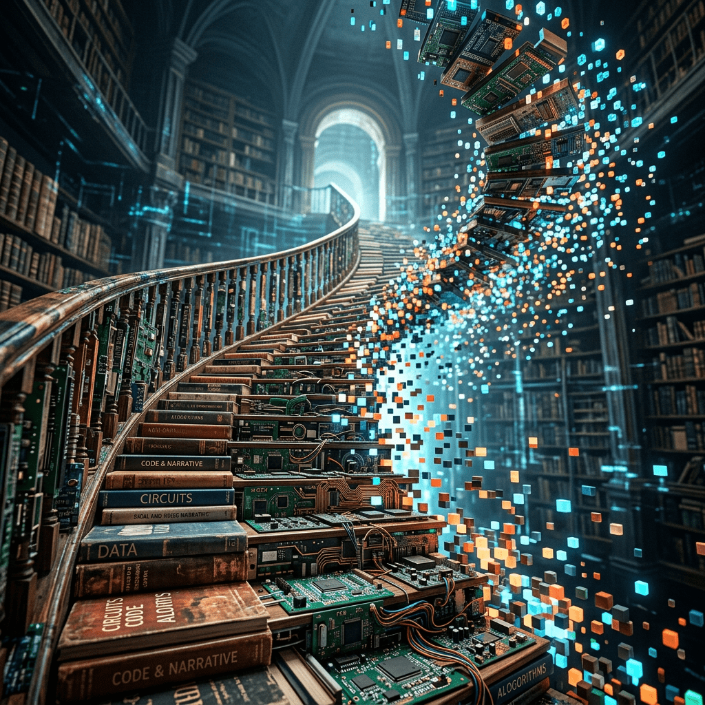 Staircase with books turning into digital data cubes in a library